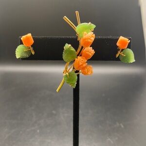 Coral & Jade Flower Brooch & Earrings Set